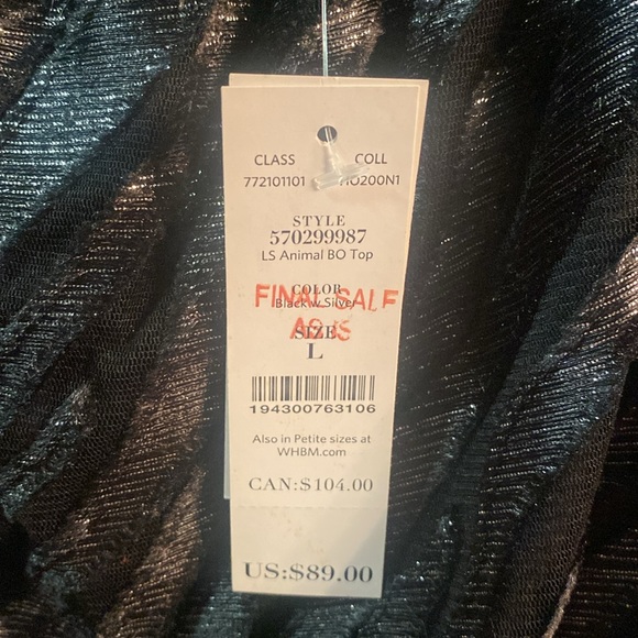 whbm nwt ! long sleeve BO top ! sheer sleeves lined bodice ! - Picture 2 of 2